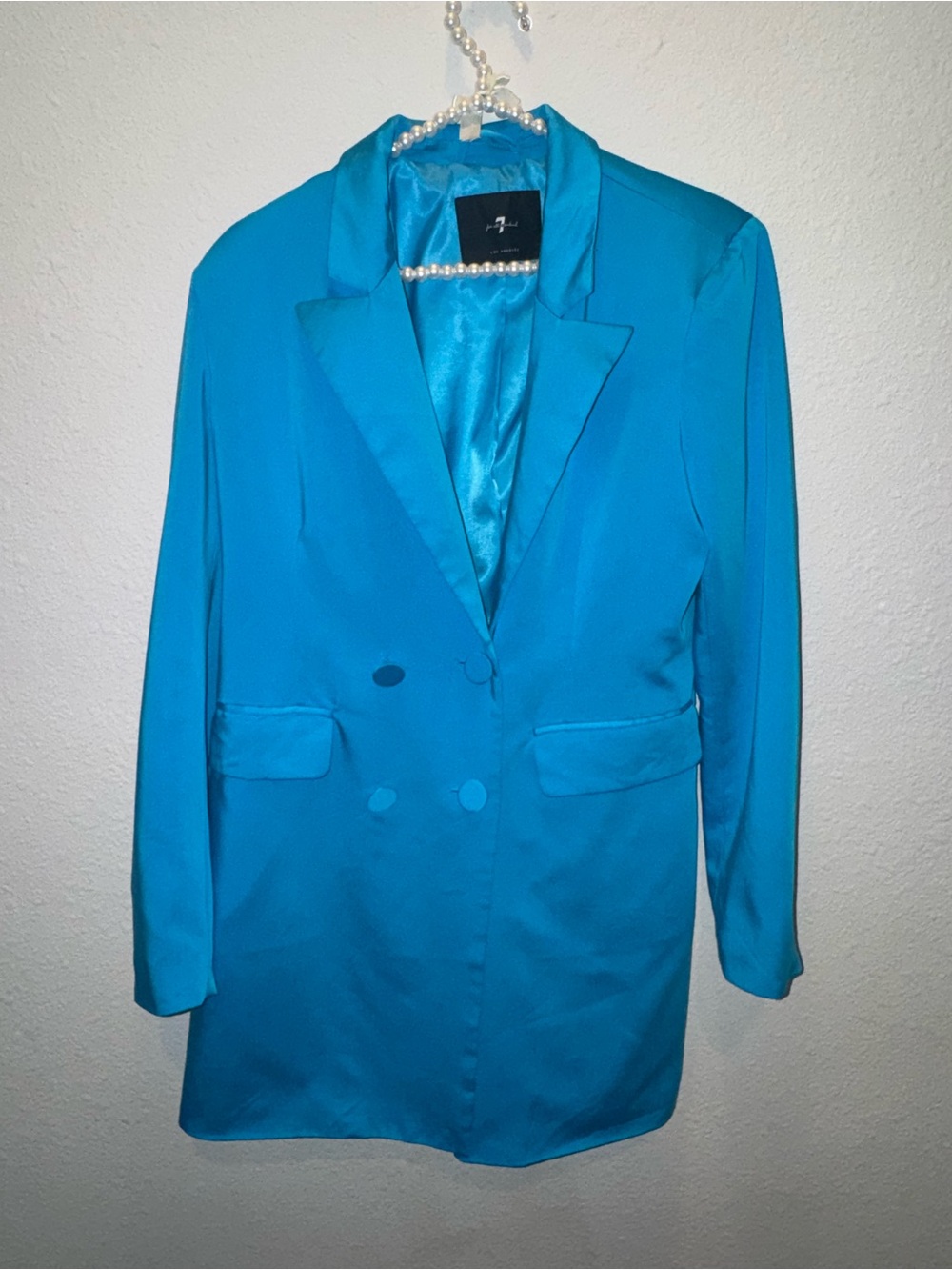 7 For All Mankind Teal Satin Double-Breasted Blazer Dress